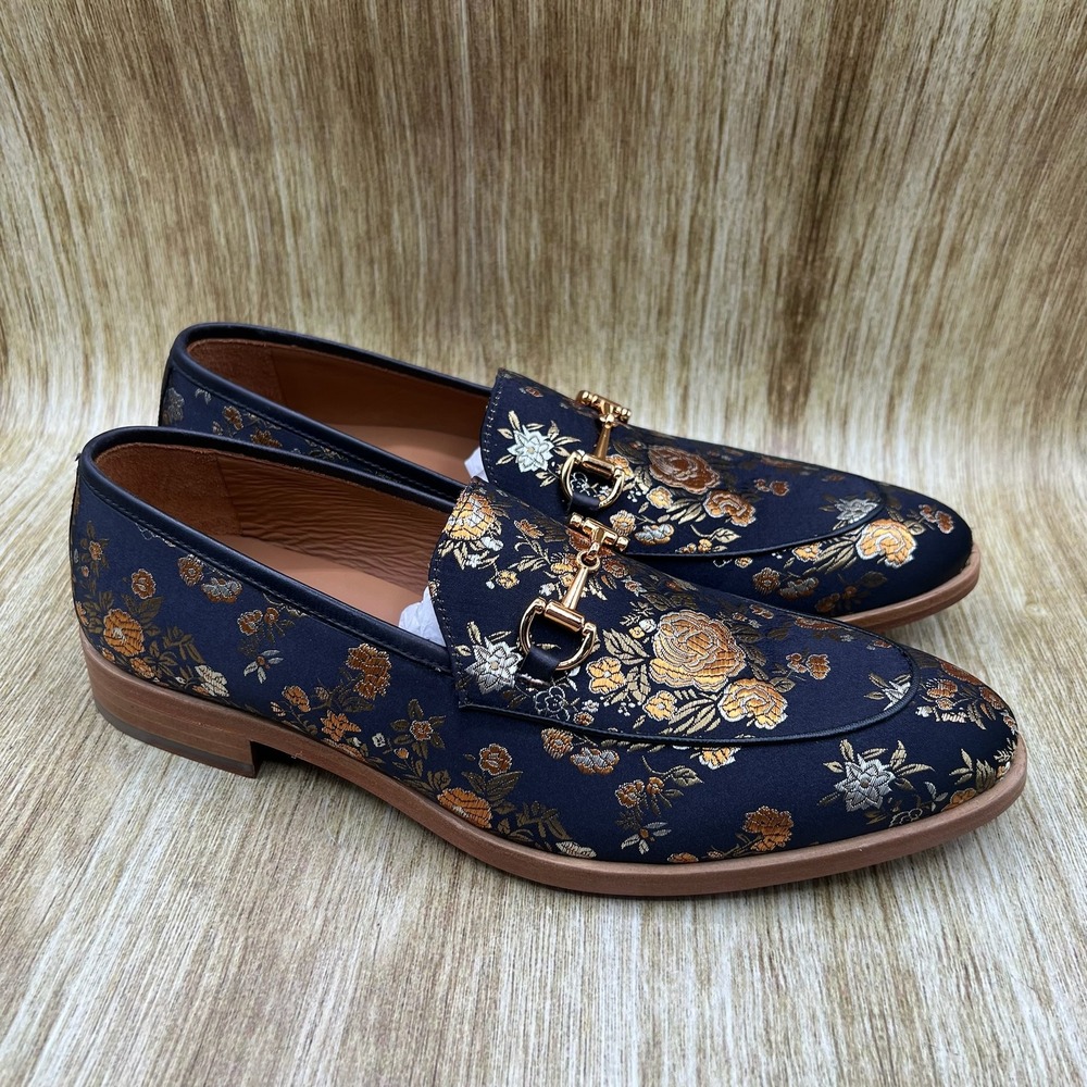 TAFT The Russel in Eden Men's 9 EU 42 Navy Gold Floral Jacquard Horsebit Loafers